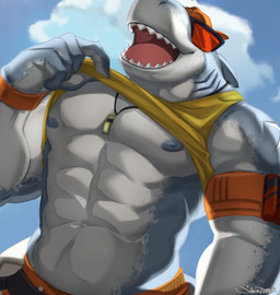 abs anthro areola armband backwards_baseball_cap backwards_hat barazoku baseball_cap biceps big_muscles clothed clothing cloud day deltoids eyewear fin gills hat headgear headwear lifeguard male muscular muscular_anthro muscular_male navel nipples non-mammal_nipples open_mouth open_smile outside pecs raised_clothing raised_shirt raised_tank_top raised_topwear scar sharp_teeth shirt sky smile solo standing sunglasses swimming_trunks swimwear tank_top teeth tongue tongue_out topwear whistle_(object) wristband x_scar soliscanis epic_games fortnite safety_first_steve_(fortnite) fish marine shark 2025 hi_res signature
