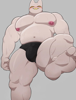 anthro belly big_muscles black_clothing black_underwear blush bodily_fluids bulge clothed clothing feet glistening glistening_body grey_background low-angle_view male muscular muscular_anthro muscular_male navel nipples noseless pecs pointy_ears sharp_teeth simple_background smile solo standing sweat teeth toes topless underwear white_body white_skin yellow_eyes yellow_teeth oyasmis miya_(oyasmis) domestic_cat felid feline felis mammal hi_res
