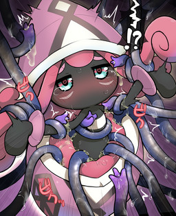 black_body black_skin blue_eyes blush bodily_fluids cum female genital_fluids hair heart_eyes heart_symbol interrobang markings mouthless not_furry pink_hair pseudo_clothing pupils sex shell solo symbol-shaped_pupils tentacle_sex tentacles tentacles_everywhere text unusual_pupils rmtwo nintendo pokemon generation_7_pokemon humanoid legendary_pokemon pokemon_(species) tapu_lele 2017