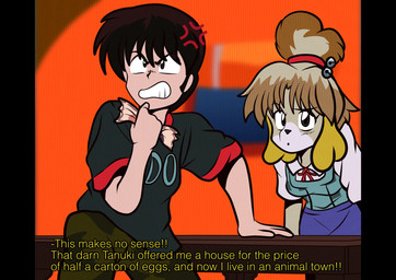 angry anime_style anthro bell bell_collar black_eyes blonde_hair blue_bottomwear blue_clothing blue_skirt blurred_background bodily_fluids bottomwear breasts brown_hair clothing collar cross-popping_vein duo fake_screencap female fluffy fluffy_ears fluffy_tail fur furniture green_clothing green_shirt green_topwear green_vest hair hair_up hand_on_table holding_object holding_ticket male male/female medium_breasts military_pants orange_ears question_mark red_collared_shirt red_ribbon retro_anime_style ribbons secretary secretary_outfit shirt skirt table tail tent_interior text topwear vest white_body white_clothing white_fur white_shirt white_topwear yellow_body yellow_fur yellow_text cabimangaka animal_crossing nintendo ranma_1/2 isabelle_(animal_crossing) villager_(animal_crossing) canid canine canis domestic_dog human mammal shih_tzu toy_dog absurd_res english_text hi_res shaded subtitled