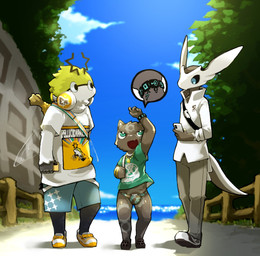 anthro armband beach black_body black_fur bottomwear clothing cloud fangs footwear fur green_eyes group happy jewelry looking_at_another looking_at_own_hand looking_up male necklace open_mouth outside pants sea serious shirt shorts sky teeth topwear trio water white_clothing white_shirt white_topwear moesouna_gomi faith_(moesouna_gomi) ringula shiva_osuka arthropod domestic_cat felid feline felis insect lepidopteran mammal moth 2024 hi_res japanese_description