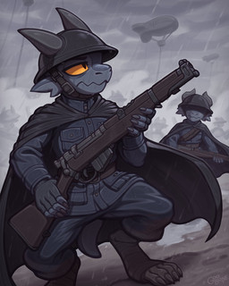 anthro armor claws cloak clothing detailed_background digitigrade duo group gun headgear helmet horn military_uniform outside raining ranged_weapon rifle solo_focus uniform weapon goobone kobold scalie 4:5 hi_res