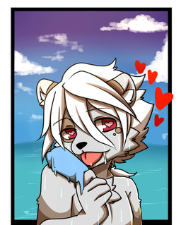 anthro black_border black_nose bodily_fluids border brown_body brown_fur cheek_tuft chest_tuft cloud day detailed_background drooling eating eyebrow_through_hair eyebrows facial_tuft food fur fur_markings grey_body grey_fur hair heart_eyes heart_symbol holding_food holding_object inner_ear_fluff licking licking_popsicle looking_at_viewer male markings multicolored_body multicolored_fur outside pink_eyes ponytail popsicle_melting pose saliva seaside shota sky solo sweat tongue tongue_out translucent translucent_hair tuft two_tone_body two_tone_fur water white_border white_hair young young_anthro young_male saku1saya kita_(saku1saya) mammal mustelid otter 2015 absurd_res hi_res