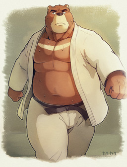 anthro blush bodily_fluids brown_body brown_fur chest_markings clothed clothing countershade_snout countershading fur keikogi male markings martial_arts_uniform multicolored_body multicolored_fur musclegut muscular muscular_anthro muscular_male navel open_clothing overweight overweight_anthro overweight_male snout solo sportswear sweat sweatdrop tan_body tan_fur text two_tone_body two_tone_fur white_clothing kakukaku morenatsu juuichi_mikazuki bear black_bear mammal moon_bear ursine 2025 artist_name hi_res