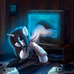 black_hair blue_eyes clothed clothing electronics female feral hair horn ponification solo television atlas-66 hasbro my_little_pony mythology the_ring equid equine mammal mythological_creature mythological_equine unicorn 1:1 absurd_res hi_res