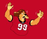 5_fingers anthro clothing colored_fingernails colored_nails exclamation_point female fingernails fingers football_jersey jersey mature_anthro mature_female nails overweight overweight_anthro overweight_female red_background red_clothing red_topwear simple_background solo topwear yellow_fingernails yellow_nails silverscarf charmaine_(silverscarf) canid canine canis domestic_dog mammal 2021