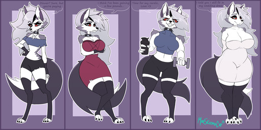 annoyed anthro athletic athletic_wear big_breasts bottomwear breasts clothing collar crop_top dialogue dress ear_piercing excited exercise eyebrow_piercing facial_piercing female fur grey_hair group hair huge_breasts huge_hips long_hair long_tail looking_at_viewer muscular muscular_female piercing pointy_ears protein_shake red_eyes shirt shorts shy skinny solo spiked_collar spikes standing tail thick_thighs tight_clothing topwear wedding_dress weightlifting white_body white_fur wide_hips workout msc_cat hellaverse helluva_boss mythology loona_(helluva_boss) canid canid_demon canine demon hellhound mammal mythological_canine mythological_creature 2:1 hi_res