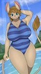 anthro beach big_breasts blue_clothing blue_eyes blue_swimwear breasts brown_body brown_hair cleavage cleavage_cutout clothed clothing cloud collarbone curvy_figure cutout day dutch_angle exposure_variation female front_view furgonomics hair hand_behind_head hands_behind_head huge_breasts long_ears long_tail looking_at_viewer mature_anthro mature_female mountain one-piece_swimsuit outside pink_nose sea seaside sky slightly_chubby smile solo stripes swimwear tail tail_tuft tuft voluptuous water wide_hips johnmarten ayla_(johnmarten) dipodid jerboa mammal rodent 4k 9:16 absurd_res hi_res