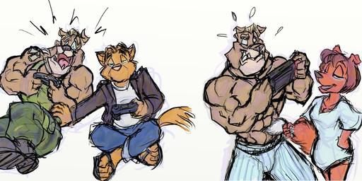 abs anthro blonde_hair blue_bottomwear blue_clothing blue_jeans blue_pants bottomwear brown_body brown_fur camo camo_bottomwear camo_clothing camo_pants camo_print clothed clothed_anthro clothed_female clothed_male clothing controller denim denim_bottomwear denim_clothing dipstick_tail female footwear fur game_controller green_clothing green_shirt green_tank_top green_topwear group hair hand_on_hip holding_controller holding_game_controller holding_handheld_game_console holding_object jeans laugh male markings muscular muscular_anthro muscular_male navel open_mouth open_smile orange_body orange_fur pants pattern_bottomwear pattern_clothing pattern_pants pink_tongue sandals shirt shoes simple_background sitting smile tail tail_markings tank_top teeth tickle_fetish tickling tickling_belly tickling_navel tickling_sides tongue topless topless_anthro topless_male topwear trio white_background white_clothing white_shirt white_tail_tip white_topwear yellow_body yellow_fur kctk nintendo nintendo_switch bulldog canid canine canis domestic_cat domestic_dog felid feline felis fox mammal mastiff molosser