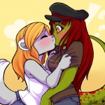 anthro blush bottomwear clothed clothing duo eyes_closed female female/female hair heart_symbol interspecies kiss_on_lips kissing pants red_hair romantic romantic_couple shirt side_view simple_background tail topwear strawberryneko chloe_(chloe.hydraconis) neko_(strawberryneko) domestic_cat felid feline felis gecko lizard mammal reptile scalie 1:1 2012 digital_media_(artwork)