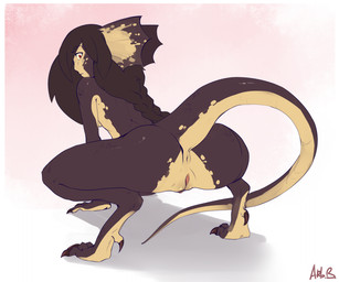 3_toes all_fours anthro anus back_boob barely_visible_breasts biped border braided_hair braided_ponytail breasts brown_body brown_claws brown_eyebrows brown_frill brown_hair brown_scales brown_tail brown_text butt butt_markings casual_nudity cheek_markings claws countershade_arms countershade_breasts countershade_butt countershade_crotch countershade_feet countershade_hands countershade_perineum countershade_scales countershade_tail countershading crouching dewclaw digitigrade ear_frill eyebrow_through_hair eyebrows facial_markings feet female female_anthro finger_claws fingers frill_(anatomy) frill_markings genitals gradient_background hair head_markings humanoid_face humanoid_genitalia humanoid_vulva iris long_hair long_ponytail long_tail looking_at_viewer looking_back looking_back_at_viewer markings monotone_hair mouth_closed multicolored_body multicolored_frill multicolored_scales multicolored_tail non-mammal_breasts non-mammal_vulva nude nude_anthro nude_female perineum pink_background pink_vulva ponytail pose pupils rear_view red_eyes scale_markings scales shadow simple_background slim slim_anthro slim_female slit_pupils solo spots spotted_markings tail tail_markings tapering_tail text three-quarter_view toe_claws toes translucent translucent_hair two_tone_body two_tone_frill two_tone_scales two_tone_tail vulva white_background white_border white_sclera yellow_anus yellow_body yellow_breasts yellow_countershading yellow_face yellow_frill yellow_markings yellow_perineum yellow_scales yellow_spots yellow_tail arbuzbudesh mythology dragon mythological_creature mythological_scalie scalie wingless_dragon 2016 full-length_portrait pinup portrait signature