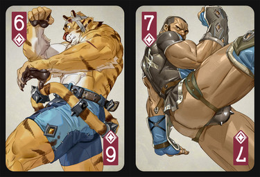 abs accessory anthro bandage bandaged_head black_clothing black_hair black_pawpads black_shirt black_topwear blue_bottomwear blue_clothing blue_gloves blue_handwear blue_shorts bottomwear butt card claws clothed clothing duo finger_claws fur furgonomics gloves hair handwear jewelry knee_pads male multicolored_body multicolored_fur muscular muscular_anthro muscular_human muscular_male pawpads pink_nose playing_card ring seven_of_diamonds shirt shorts six_of_diamonds spiked_tail_ring striped_body striped_fur stripes tail tail_accessory tail_jewelry tail_ring thong topless topwear underwear white_body white_fur yellow_body yellow_fur tooboshoo felid human mammal pantherine tiger 2021 hi_res