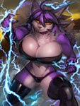 anthro big_breasts breasts clothing collar electricity female fur legwear lightning looking_at_viewer orange_eyes purple_body purple_fur solo stockings general-irrelevant rae_(girlsay) canid canine canis mammal wolf 2023 3:4 digital_media_(artwork) hi_res