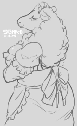 anthro apron big_breasts biped breasts butt closed_smile clothed clothed_female clothing eyelashes eyes_closed female female_anthro fully_clothed fur grey_background maid_headdress maid_uniform mouth_closed side_view simple_background smile snout solo standing uniform wool_(fur) sigma-d bovid caprine mammal sheep 2023 dated digital_drawing_(artwork) digital_media_(artwork) hi_res monochrome portrait three-quarter_portrait