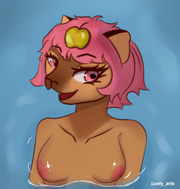 anthro apple big_breasts breasts brown_body ears_up eyebrows eyelashes eyewear female food fruit fur glistening hair huge_breasts looking_at_viewer makeup multicolored_body nipples nude nude_female open_mouth pink_hair plant simple_background small_ears solo swimming tongue two_tone_body water loafy_arts mammal digital_media_(artwork) line_art shaded
