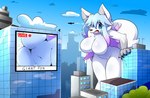 aircraft airplane anthro blue_eyes blue_sky breasts city cityscape day featureless_breasts female fur hand_on_building leaning leaning_forward macro macro_female open_mouth purple_hair_tips sky solo under_boob vehicle white_body white_fur lhacedor freya_(frostttz) canid canine fox mammal absurd_res hi_res