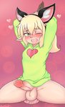 anal anal_penetration balls blonde_eyebrows blonde_hair blush bottomless clothed clothing clothing_cord dildo dildo_in_ass dildo_insertion dildo_sitting drawstring drawstring_topwear erection eyebrows eyelashes fake_cat_ears fake_ears femboy genitals green_eyes hair hands_behind_head heart_clothing heart_hoodie heart_print heart_symbol heart_topwear hearts_around_body hearts_around_head hoodie humanoid_genitalia humanoid_penis humanoid_pointy_ears inner_ear_fluff long_ears looking_at_viewer male motion_lines not_furry object_in_ass one_eye_closed open_mouth penetration penis pink_background pointy_ears print_clothing print_hoodie print_topwear raised_arms sex_toy sex_toy_in_ass sex_toy_insertion simple_background solo teeth text tongue tongue_out topwear tuft white_body white_skin wink maikox max_(hoodie) elf humanoid absurd_res artist_name hi_res