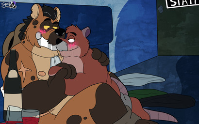 anthro blush brown_body duo hug male male/male nipples scar spotttheyeen brok_the_investigator cowcat_games tenderjaw tramp_(brok_the_investigator) cricetid hyena mammal muskrat rodent 16:10 2026 hi_res widescreen