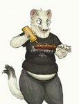 anthro bottomwear clothing female food fur holding_object licking licking_lips looking_at_object meat mustard overweight overweight_anthro overweight_female pants sausage shirt simple_background slightly_chubby solo standing tongue tongue_out topwear white_background white_body white_fur cettus maren_sommer mammal mustelid musteline stoat true_musteline weasel 2020