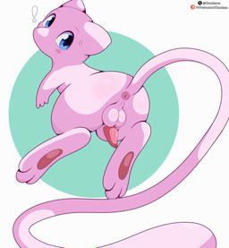 anus backsack balls biped blue_eyes blush butt exclamation_point feral genitals long_tail looking_at_viewer looking_back looking_back_at_viewer male pawpads paws pink_body simple_background solo tail cloudeon nintendo pokemon pokemon_tcg_pocket generation_1_pokemon legendary_pokemon mew_(pokemon) pokemon_(species) absurd_res hi_res