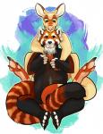 anthro body_hair cuddling duo facial_fur feet happy_trail hindpaw male paws simple_background boilerroo adrian_weylin_(vorell) brindisi ailurid kangaroo macropod mammal marsupial red_panda hi_res