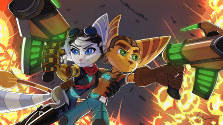 action_pose anthro blue_eyes bottomwear breasts brown_nose clothed clothed_female clothed_male clothing cybernetic_arm cybernetic_limb duo explosion eyewear eyewear_on_head female fluffy fluffy_tail fur goggles goggles_on_head green_eyes gun hair hand_on_weapon handgun male markings pants pink_nose pistol pose ranged_weapon red_scarf ring_(marking) ringed_tail scarf shirt striped_markings striped_tail stripes tail tail_markings tail_tuft thin_tail topwear tuft weapon white_body white_fur white_hair yellow_body yellow_fur maximuseditor ratchet_and_clank sony_corporation sony_interactive_entertainment ratchet_(ratchet_and_clank) rivet_(ratchet_and_clank) lombax mammal 16:9 hi_res widescreen