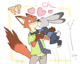 anthro bottomwear clothed clothing duo female fully_clothed fur grey_body grey_fur interrobang kissing larger_male male necktie orange_body orange_fur pants shirt simple_background size_difference smaller_female surprise_kiss surprised toeless_legwear topwear white_background 1010nuntaso disney zootopia judy_hopps nick_wilde canid canine fox lagomorph leporid mammal rabbit red_fox true_fox 2017 5:4 digital_drawing_(artwork) digital_media_(artwork)