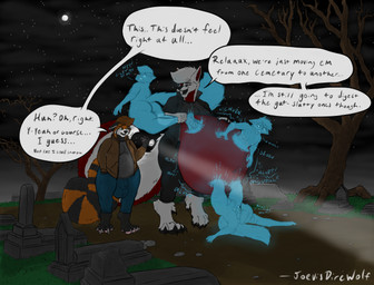 animal_genitalia anthro begging begging_for_mercy begging_to_stop belly big_belly big_feet bottomwear bulge butt cemetery clothing crotch_lines duo feet flashlight genitals glorp glowing group gurgle_(sound_effect) jacket male male/male muffled muffled_speech muffled_voice navel onomatopoeia pants rumbling_stomach sheath shirt slosh soul soul_vore sound_effects text tombstone topwear unwilling_prey vore joevisdirewolf joevis_andara(joevisdirewolf) ailurid canid canine canis ghost mammal red_panda spirit wolf absurd_res english_text hi_res