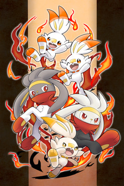 3_toes ambiguous_gender anthro buckteeth feet fire fur grey_body grey_fur group happy looking_at_viewer one_eye_closed open_mouth pawpads red_eyes serious teeth toes tongue white_body white_fur wink winking_at_viewer miruka nintendo pokemon generation_8_pokemon pokemon_(species) raboot scorbunny shiny_pokemon 2020 absurd_res hi_res japanese_description