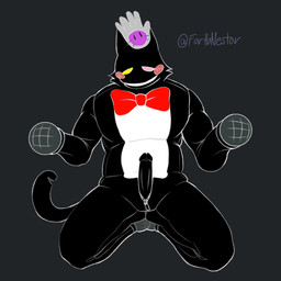 anthro black_body black_fur black_penis blush bow_tie clothing duo electronics erection fur genitals heterochromia kneeling male microphone penis petting simple_background tail unzipped zipper nestor_forth deltarune undertale_(series) cat_mike_(deltarune) felid feline mammal 1:1 absurd_res hi_res