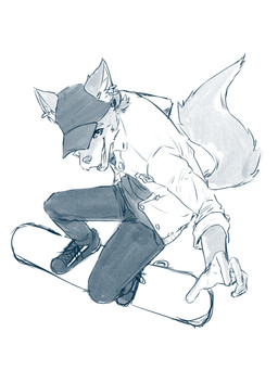 anthro bottomwear clothed clothing fangs glistening glistening_eyes hat headgear headwear looking_at_viewer male open_mouth pants simple_background skateboard skateboarding solo teeth topwear unsigned vehicle papayafurry canid mammal 3:4 full-length_portrait hi_res monochrome portrait