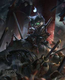 ambiguous_gender anthro armor black_hair blood bodily_fluids corpse fur green_eyes grey_body grey_fur group hair horn licking melee_weapon self_lick sharp_teeth smile sword sword_in_head teeth tongue tongue_out weapon rudy_siswanto hex:_shards_of_fate demon human mammal digital_media_(artwork) hi_res official_art