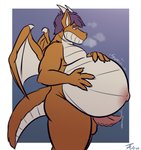 anthro balls belly belly_expansion bodily_fluids cum expansion genital_fluids genitals horn male penis pregnant pregnant_anthro pregnant_male rapid_pregnancy solo standing tail thick_tail wings tanio mythology dragon mythological_creature mythological_scalie scalie hi_res