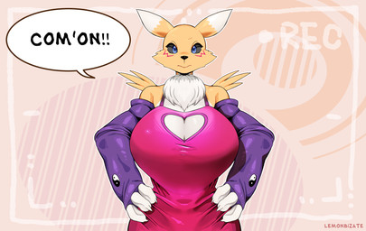 anthro apron apron_only armwear big_breasts black_sclera blue_eyes breasts camera_view cheek_tuft chest_tuft cleavage_cutout clothed clothing cutout dialogue elbow_gloves facial_tuft female fluffy fur gloves hands_on_hips handwear huge_breasts keyhole_turtleneck looking_at_viewer mostly_nude neck_tuft simple_background small_waist solo sweater talking_to_viewer text topwear tuft turtleneck yellow_body yellow_fur lemonbizate bandai_namco digimon canid canine digimon_(species) mammal renamon english_text half-length_portrait hi_res portrait