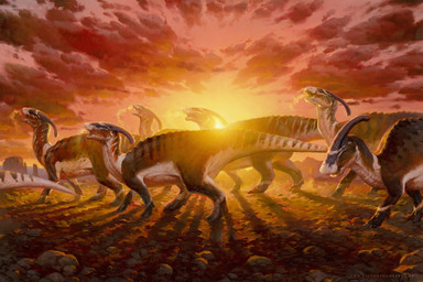 ambiguous_gender cloud feral group open_mouth outside quadruped red_body rock side_view sun sunset tail white_body victor_adame_minguez dinosaur hadrosaurid ornithischian ornithopod parasaurolophus prehistoric_species reptile scalie 2025 hi_res traditional_media_(artwork)