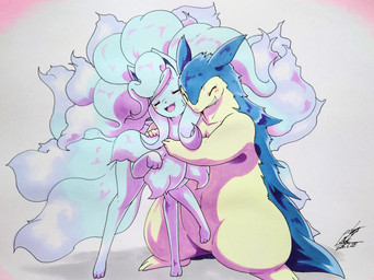 ambiguous/ambiguous ambiguous_gender anthro blue_body blue_fur blush blush_lines bodily_fluids duo eyelashes eyes_closed featureless_crotch feral fur hug multi_tail multicolored_body navel open_mouth paws simple_background sweat tail teeth tongue two_tone_body 025aki nintendo pokemon alolan_form alolan_ninetales canid canine generation_2_pokemon generation_7_pokemon mammal pokemon_(species) regional_form_(pokemon) typhlosion 2026 absurd_res dated hi_res signature