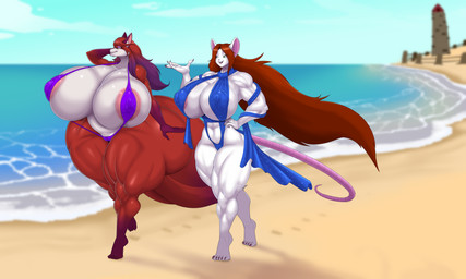 anthro areola areola_slip beach big_breasts big_butt biped blue_clothing blue_swimwear blurred_background breast_size_difference breasts butt clothed clothing duo female hair huge_breasts huge_butt hyper hyper_breasts mature_female muscular muscular_female one-piece_swimsuit outside purple_clothing red_body red_hair sling_bikini swimwear tail thick_thighs walking white_body ber00 keezah_(pyrohawk) canid canine fox mammal mouse murid murine rodent 5:3 absurd_res hi_res