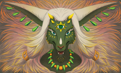 3_eyes anthro eyelashes fur green_body green_fur hair horn jewelry long_ears long_eyelashes long_hair male multi_eye solo white_hair peregr1ne nintendo tears_of_the_kingdom the_legend_of_zelda rauru_(tears_of_the_kingdom) zonai hi_res portrait