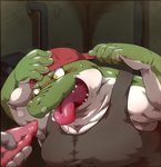 anthro clothing duo erection genitals green_body hat headgear headwear humanoid_hands male overweight overweight_male penis shirt solo_focus tank_top tongue tongue_out topwear unagi_bukuro scalie 2019