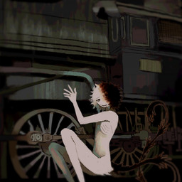 5_fingers ambiguous_gender black_tail bodily_fluids crouching detailed_background drooling fingers hand_on_object narrowed_eyes not_furry nude_ambiguous nude_humanoid saliva skinny_ambiguous skinny_humanoid smile solo split_color steam_locomotive tail train vehicle wheel jejejunum ember_(jejejunum) humanoid spirit 1:1 2025 digital_media_(artwork) digital_painting_(artwork) hi_res painting_(artwork)