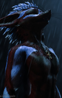 abs ankh anthro blue_body blue_fur brown_body brown_fur egyptian fur hair male multicolored_body multicolored_fur multicolored_hair muscular muscular_male raining red_body red_fur relaxing solo tail wet wet_body 3drenegade isaacjexo deity jex rexouium 3d_(artwork) absurd_res digital_media_(artwork) hi_res
