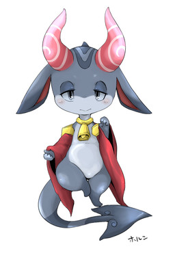 anthro armwear bell bell_collar blush clothing collar countershading cowbell detached_sleeves ears_down front_view grey_body grey_eyes grey_markings half-closed_eyes head_markings horn horn_markings leg_markings markings midair mostly_nude narrowed_eyes pivoted_ears red_armwear red_clothing ring_(marking) ringed_tail simple_background socks_(marking) solo spade_tail striped_markings striped_tail stripes tail tail_markings text white_background doneru 2015 digital_media_(artwork) full-length_portrait japanese_text portrait translation_request