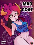 ahegao anthro background_signs big_breasts breasts female genitals hair half_naked heart_symbol looking_at_viewer looking_pleasured occult_symbol pentagram pussy red_eyes red_hair solo symbol thick_thighs tongue tongue_out wide_hips crayola_foster disady bovid caprine goat mammal 3:4 absurd_res hi_res