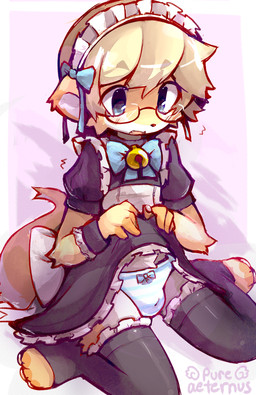 anthro balls bell bell_collar blush bottomwear bulge clothed clothing clothing_lift collar crossdressing eyewear femboy fur genitals glasses hair kemono legwear maid_uniform male open_mouth panties pattern_bottomwear pattern_clothing pattern_panties pattern_underwear penis simple_background skirt skirt_lift small_penis solo stockings striped_bottomwear striped_clothing striped_panties striped_underwear stripes tail text thigh_highs tongue underwear uniform pure-aeternus mammal mustelid otter 2026 absurd_res digital_media_(artwork) hi_res