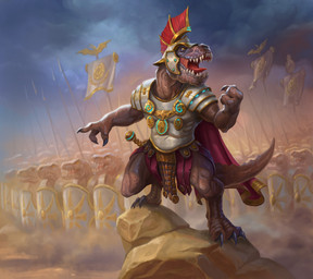 anthro armor claws cloud digitigrade fist flag group headgear helmet holding_melee_weapon holding_object holding_polearm holding_spear holding_weapon male melee_weapon open_mouth outside polearm roman_clothing solo_focus spear tail weapon vladimir_kafanov fantasy_flight_games keyforge dinosaur prehistoric_species reptile scalie absurd_res hi_res official_art