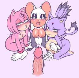 anthro barefoot big_breasts blush bodily_fluids breasts clothing erection eyeshadow feet female forehead_gem gem genital_fluids genitals gloves group hair handwear kneeling leaning leaning_forward makeup male male/female narrowed_eyes nude nude_female penis pink_body ponytail precum purple_body tail tan_body tan_skin tongue tongue_out white_body ashthenightt sega sonic_the_hedgehog_(series) amy_rose blaze_the_cat rouge_the_bat bat domestic_cat eulipotyphlan felid feline felis hedgehog mammal megabat hi_res