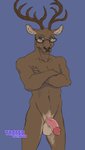 2021 anthro antlers balls beastars cervine crossed_arms deer eyewear eyewear_only front_view genitals glasses glasses_only half-erect horn humanoid_genitalia humanoid_penis male mammal mature_anthro mature_male nude oguma_(beastars) penis portrait red_deer solo thorso_the_vile three-quarter_portrait wearing_glasses