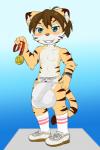 balls big_balls big_bulge blue_eyes blush bodily_fluids bulge clothing detailed_bulge genital_outline genitals grin jockstrap male medal nipples penis penis_outline small_but_hung smile solo sweat underwear young inubashiri felid mammal pantherine tiger 2018 hi_res