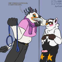 anthro blush blush_lines clothed clothing crop_top duo erection fingertips_touching flustered genitals head_on_hand horn leaning_against_wall leash male male/male nude penis profanity scarf shirt slightly_chubby teasing text topwear djtron dj_(djtron) liam_p_bandito accipitriform avian bird domestic_ferret hybrid mammal mustelid musteline procyonid raccoon secretary_bird true_musteline weasel 1:1 digital_media_(artwork) english_text hi_res