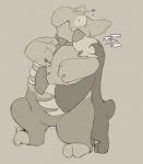 ambiguous_gender belly blush comic dialogue drilbur drowzee duo embrace emusal feral fur generation_1_pokemon generation_5_pokemon heart_symbol hug male mammal monochrome necktie nintendo open_mouth overweight pictographics pokemon pokemon_(species) simple_background sketch slightly_chubby smile squeezing standing teasing trunk